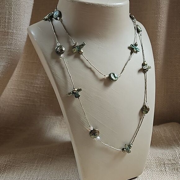 Long 40" Liquid Silver, Crystal and Pearlized Shell Necklace - Iridescent Green - Picture 3 of 8